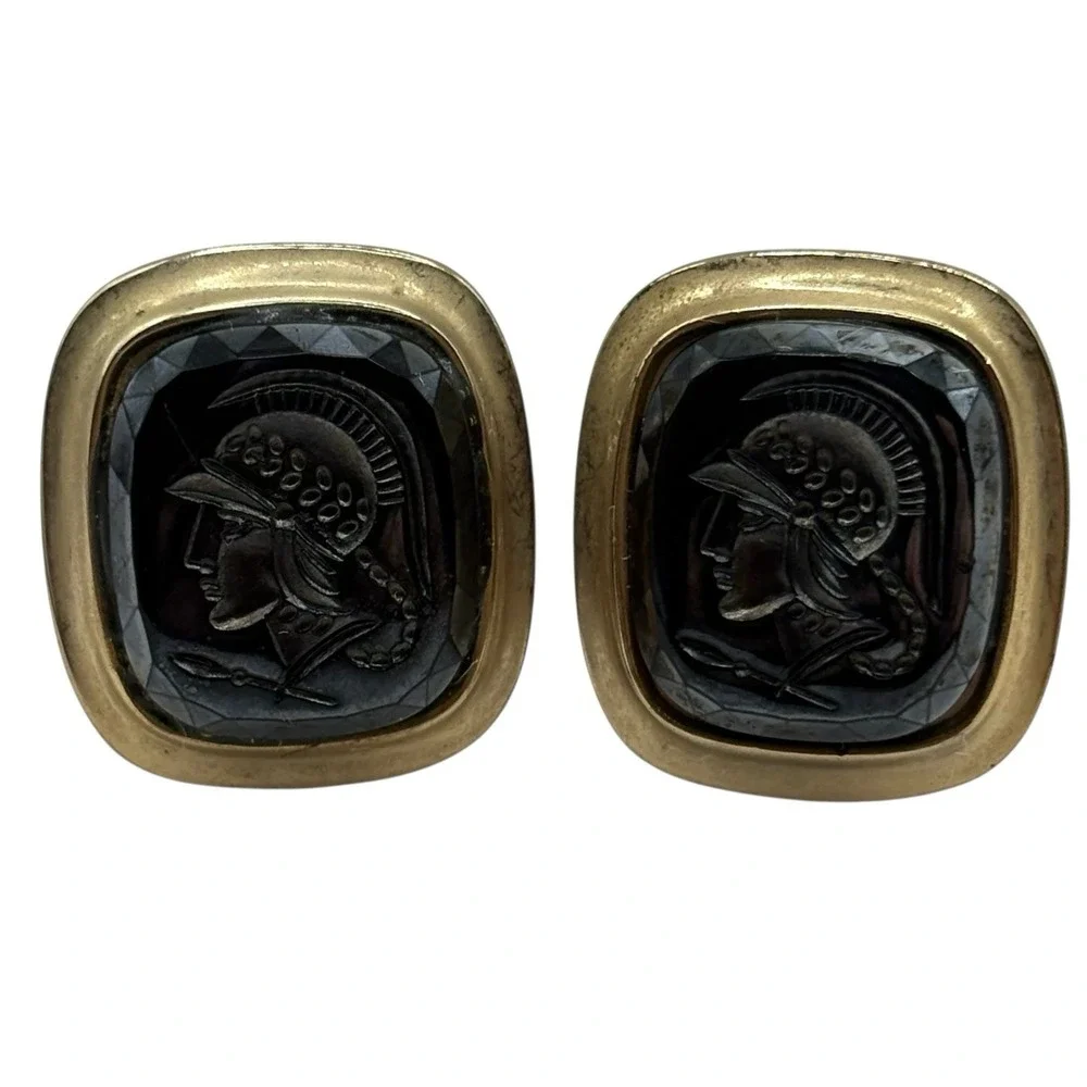 Roman or Greek Soldier Cufflinks‎ Vintage Gold Tone Frame MCM Black Design Retro